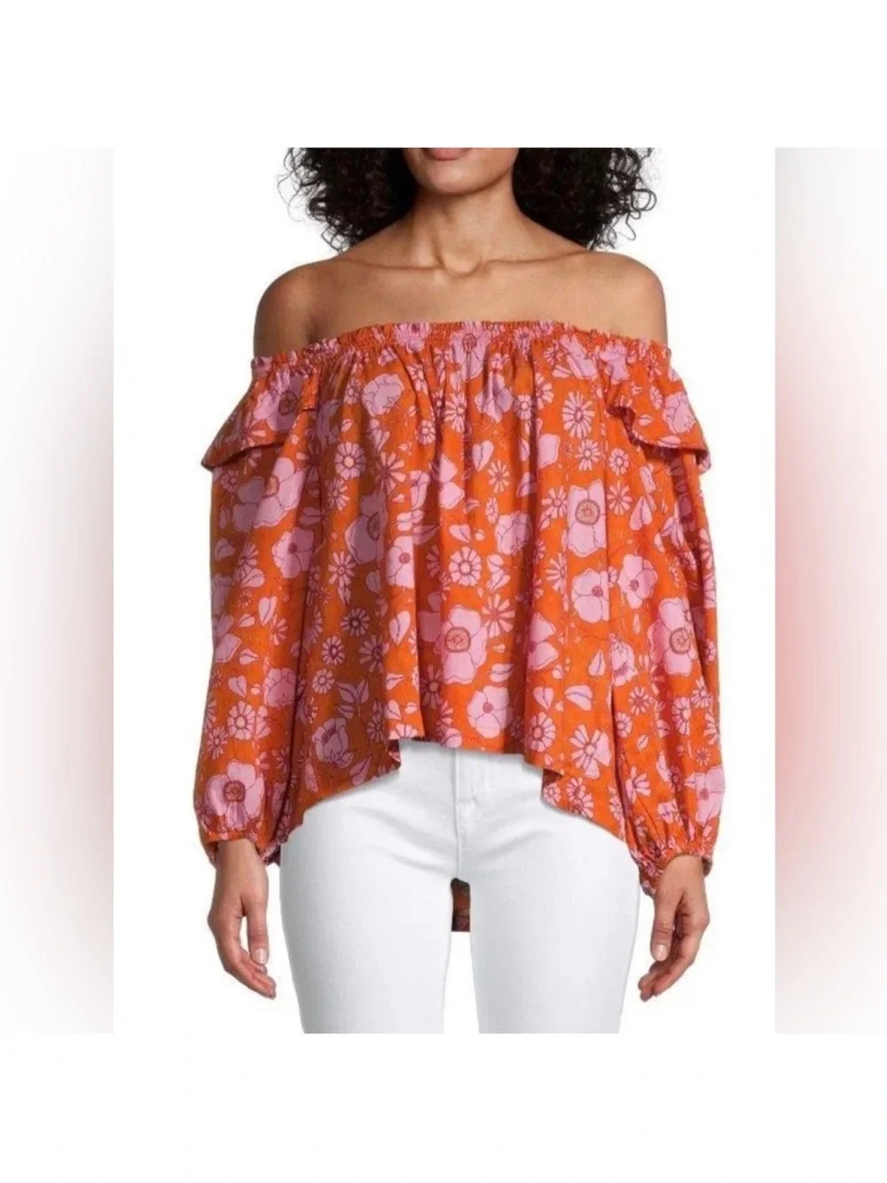 Free People Miss Daisy Pink and Orange Heat Wave Floral Smocked Peasant Blouse